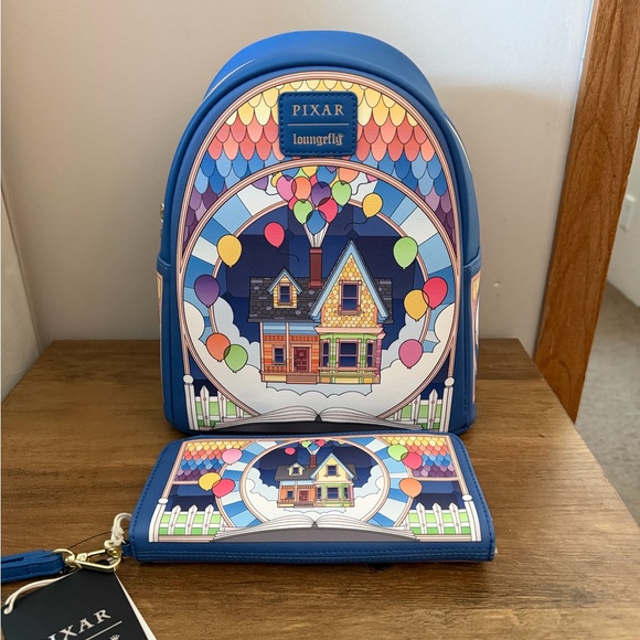 Loungefly Pixar Stained Glass Up Balloon House Backpack and Wallet NWT